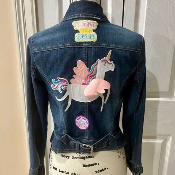 KAWAII EMBELLISHED UNICORN DENIM DISSTRESSED WASHED PATCH JACKET SIZE S - Picture 9 of 15